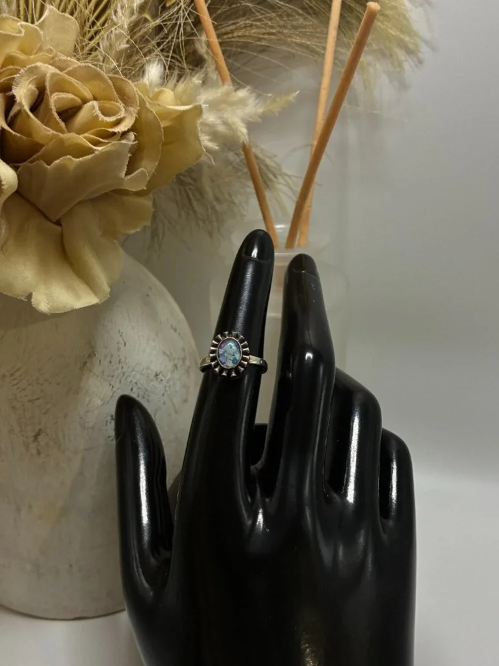 Vintage Crushed Mosaic Blue Fire Opal 925 Sterling Silver Sunburst Ring Size 6